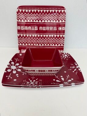 Festive Red and White Holiday Christmas Dishes with White Snowflake Motifs
